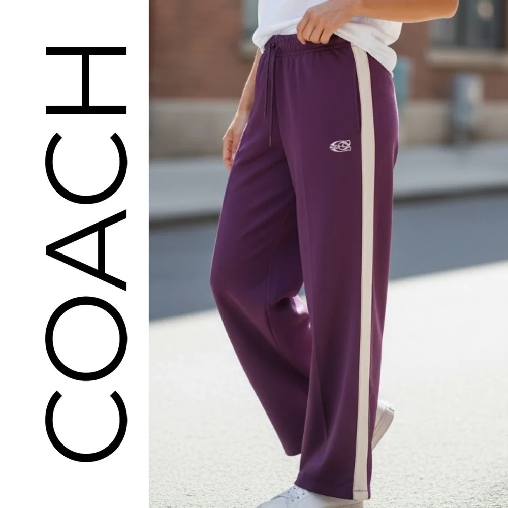 Coach NWT Sporty Wide Leg Cotton Track Pants Beet Purple Terrycloth Logo Women M